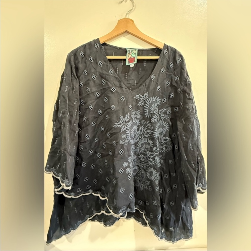 Embroidered V-Neck Navy Floral Tunic Top